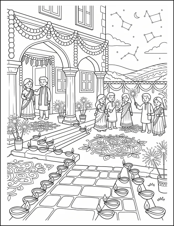 A festive courtyard at night lined with three rows of diya lamps.