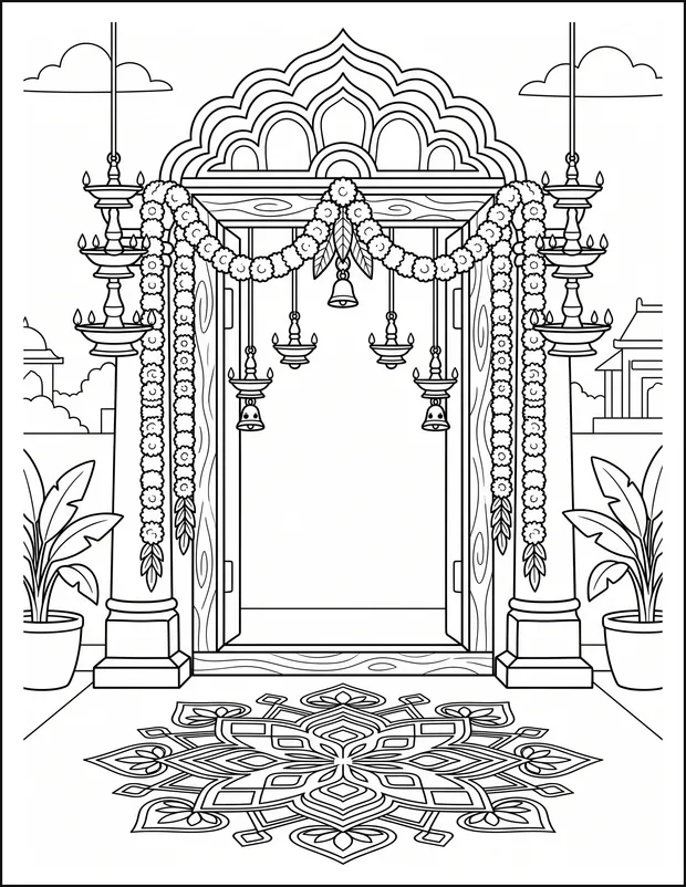 A decorated doorway with four hanging lamps and flower garlands.