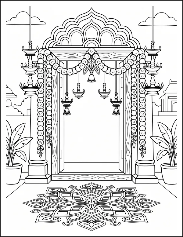 A decorated doorway with four hanging lamps and flower garlands.
