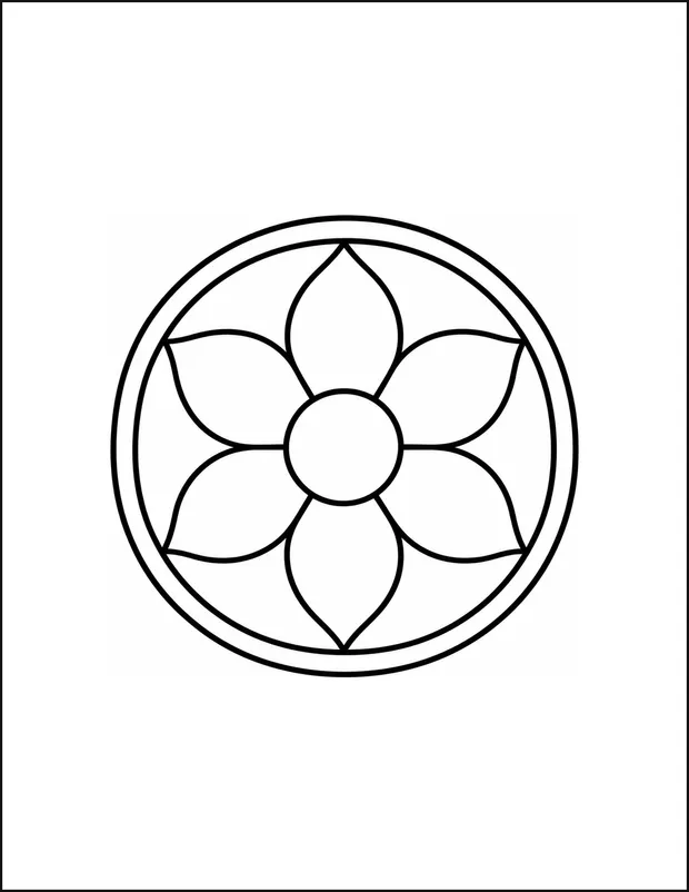 A round rangoli pattern made of six large petal shapes.