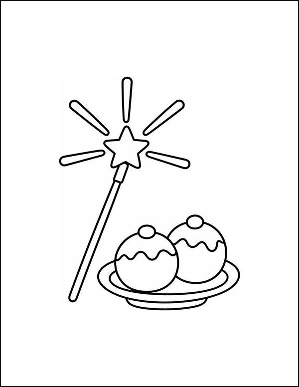 A sparkler with five long rays beside a plate of two sweets.