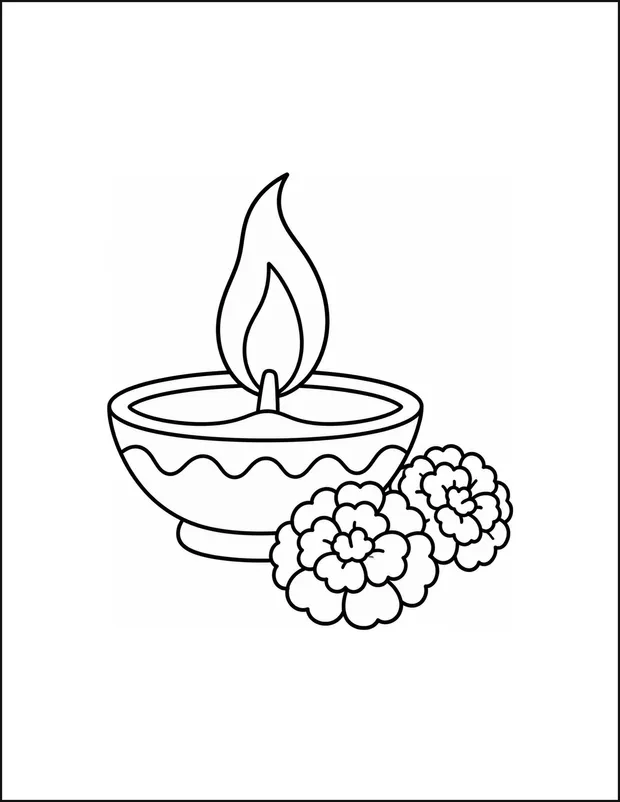A diya lamp with a curved flame beside two marigold flowers.