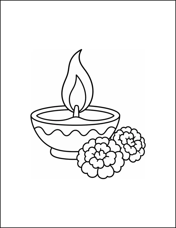 A diya lamp with a curved flame beside two marigold flowers.