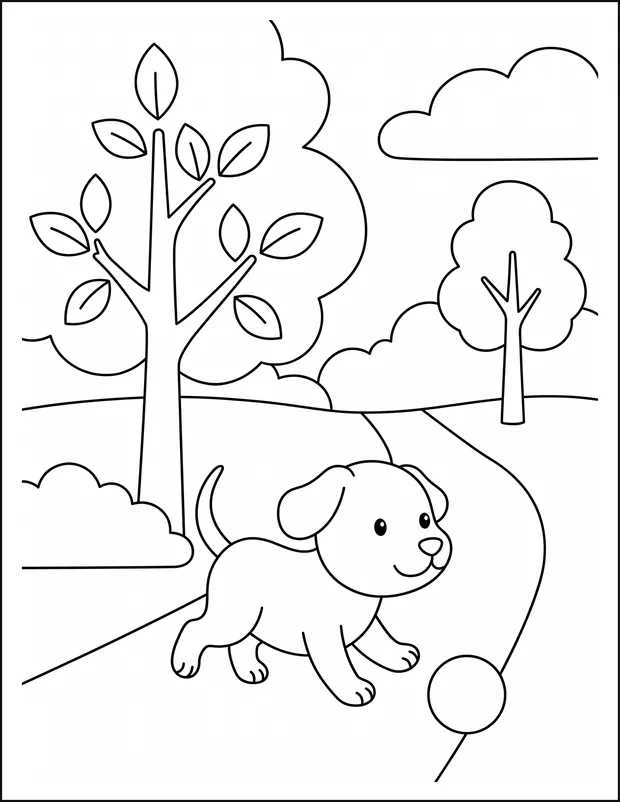A dog running after a ball along a winding park path.