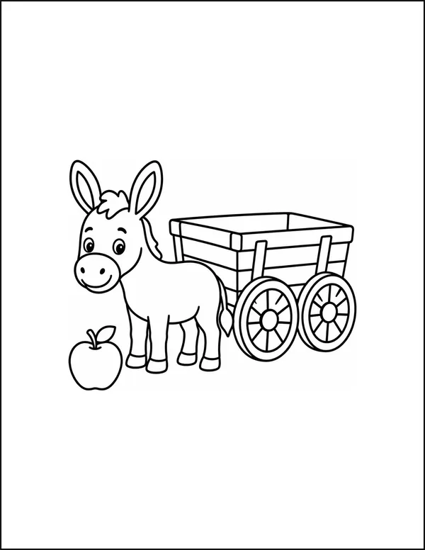 A donkey pulling a cart with two large wheels beside an apple.