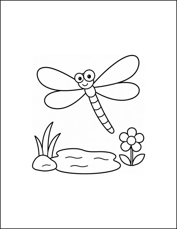 A dragonfly with four broad wings hovering above a pond and a flower.