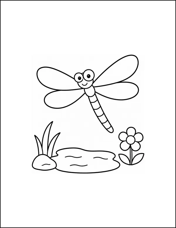 A dragonfly with four broad wings hovering above a pond and a flower.