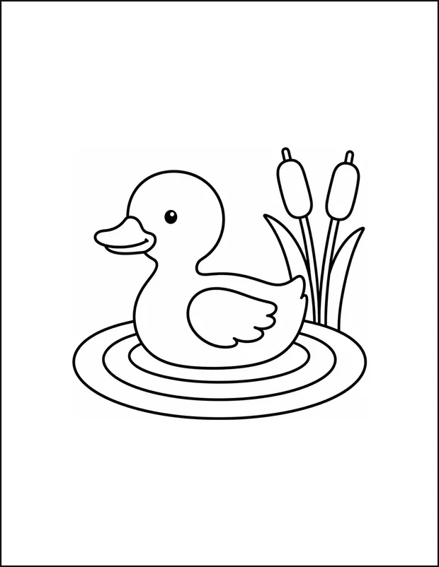 A duck floating on a pond with three ripples and two reeds.