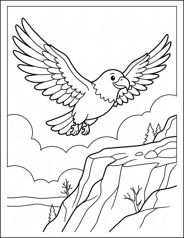 An eagle flying above a mountain cliff with clouds behind.