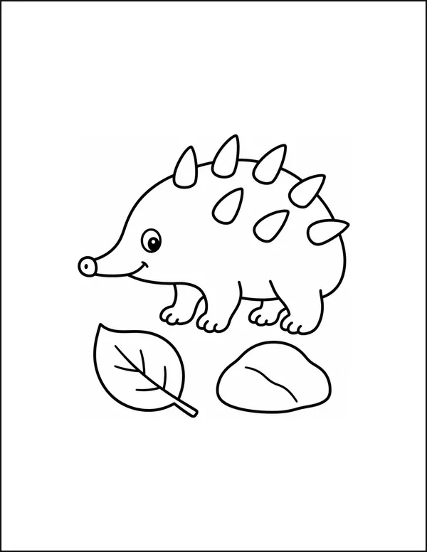 An echidna with seven broad back spikes beside a leaf and a rock.