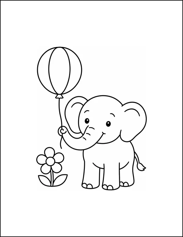 An elephant holding a balloon divided into four wide panels.
