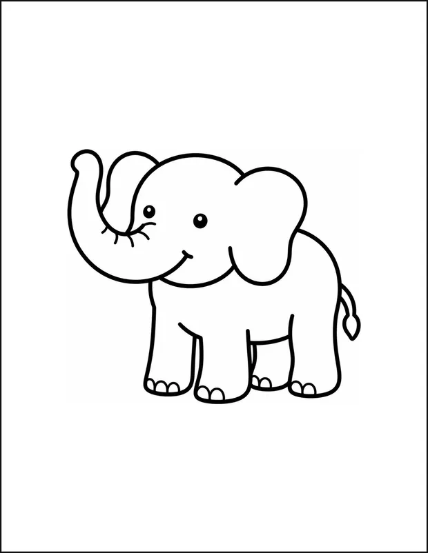 A big elephant standing with its curved trunk pointing upward.
