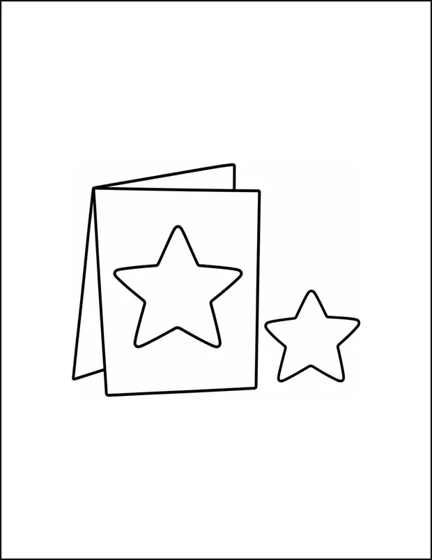 A folded card showing a five-pointed star beside two balloons.