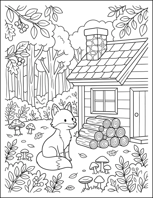 A fox sitting near a woodland cabin beside a stack of logs.