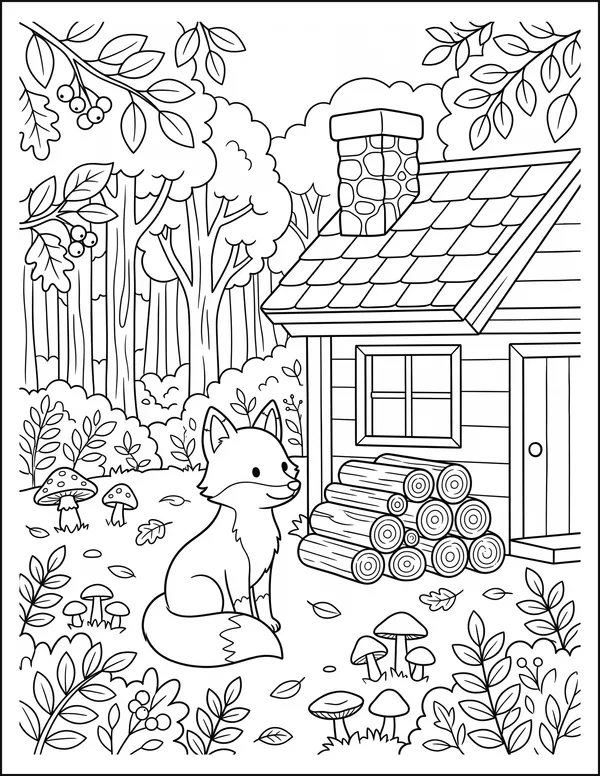 A fox sitting near a woodland cabin beside a stack of logs.