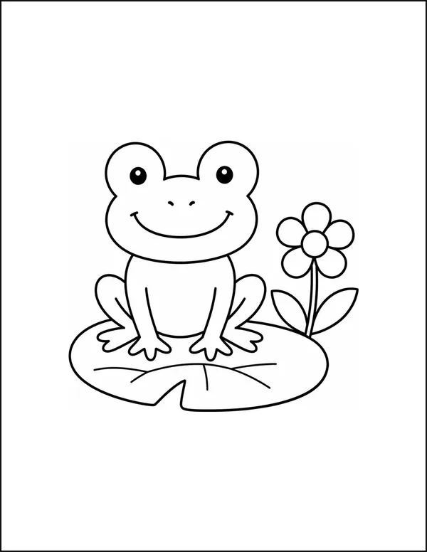 A frog sitting on a lily pad beside one water flower.