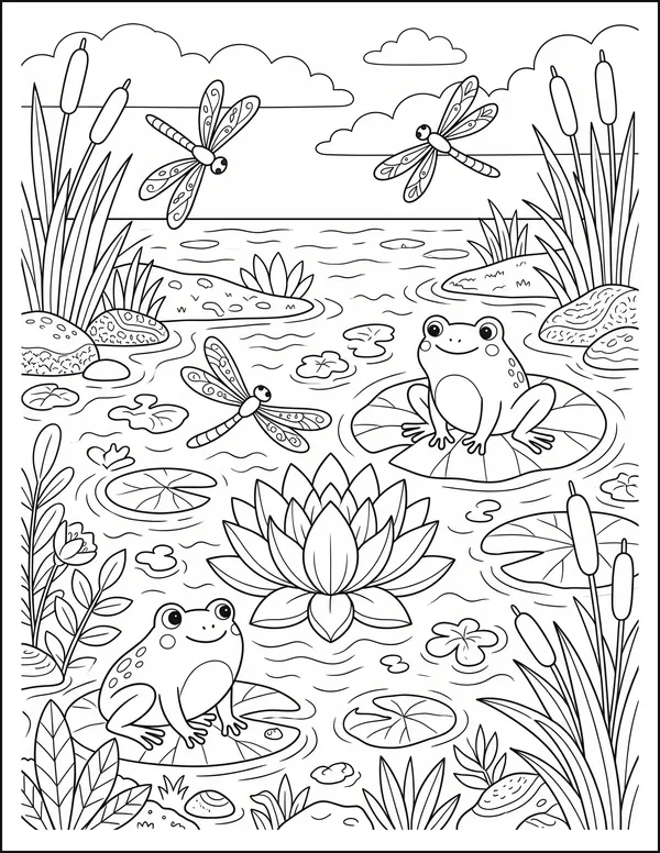 Frogs resting on lotus leaves in a pond with dragonflies above.