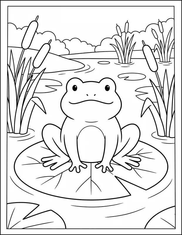 A frog sitting on a lily pad in a pond surrounded by reeds.