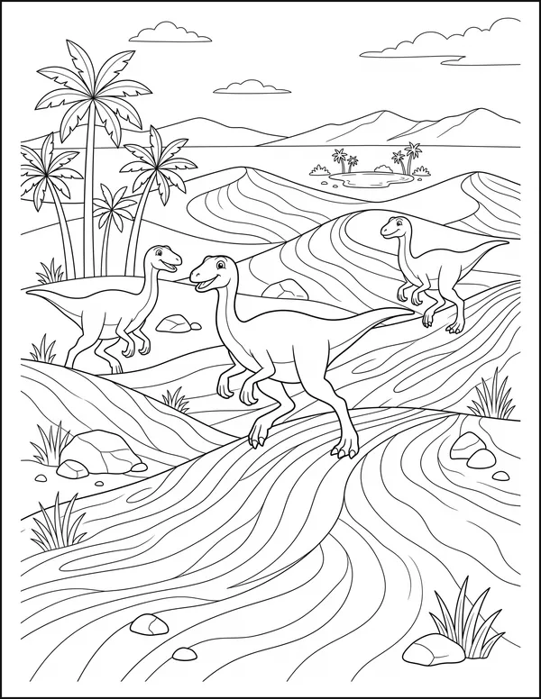 A line of ostrich-like dinosaurs crossing wavy sand dunes.