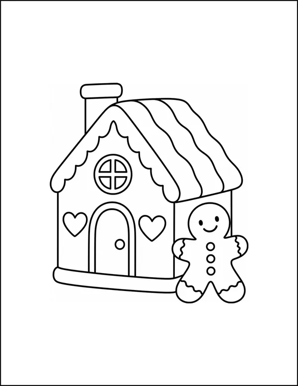A gingerbread house with striped roof beside a round cookie.