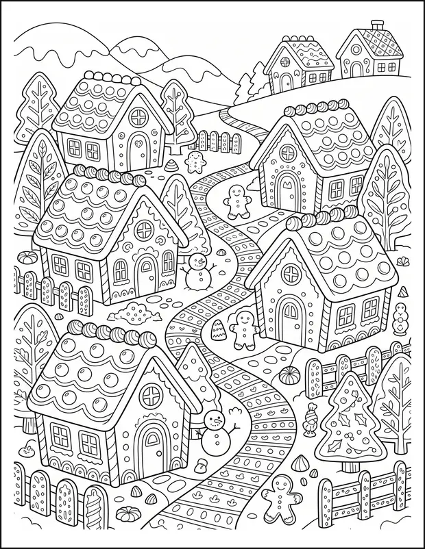 A gingerbread town of cottages with candy paths winding through.