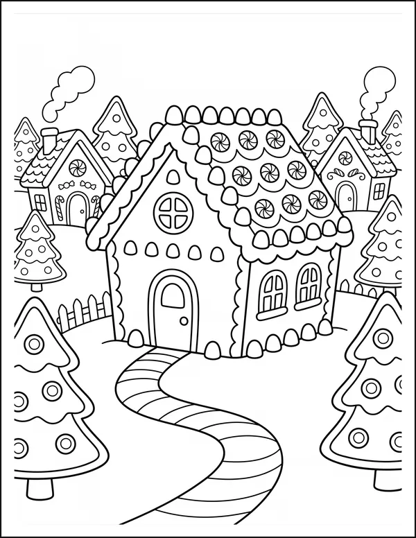 A gingerbread village with candy paths winding between cottages.