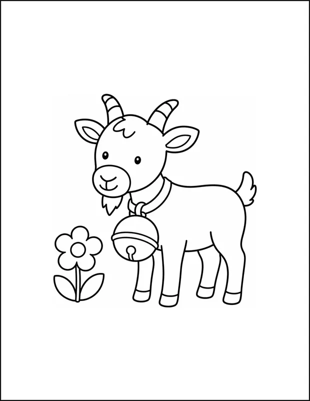 A goat wearing an oversized round bell beside one flower.