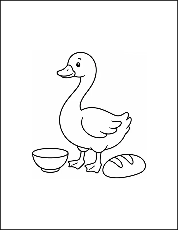 A goose with a long curved neck beside a bread loaf and a bowl.