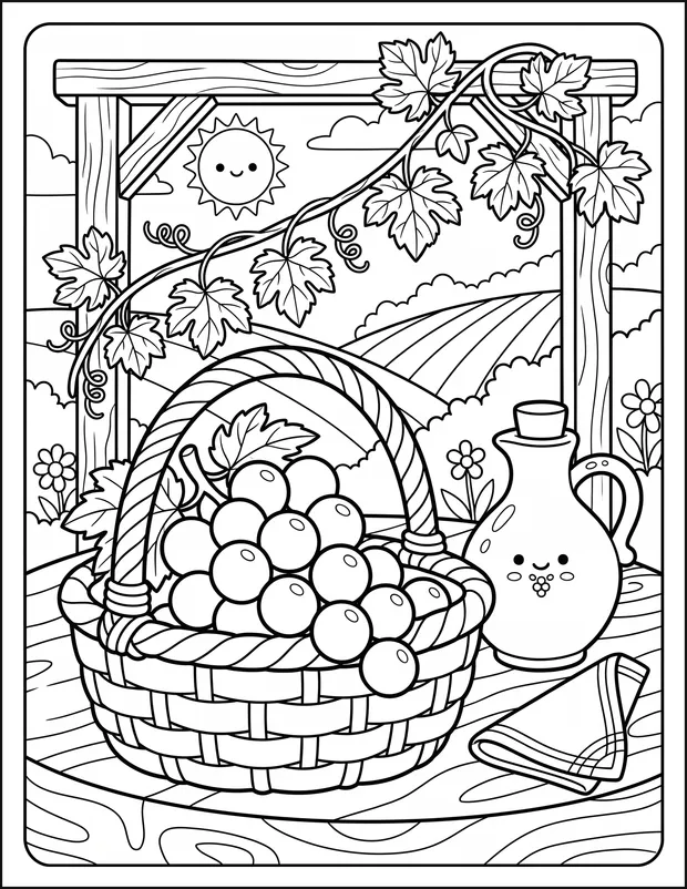 A basket of grapes beneath a leafy vine with a jug nearby.