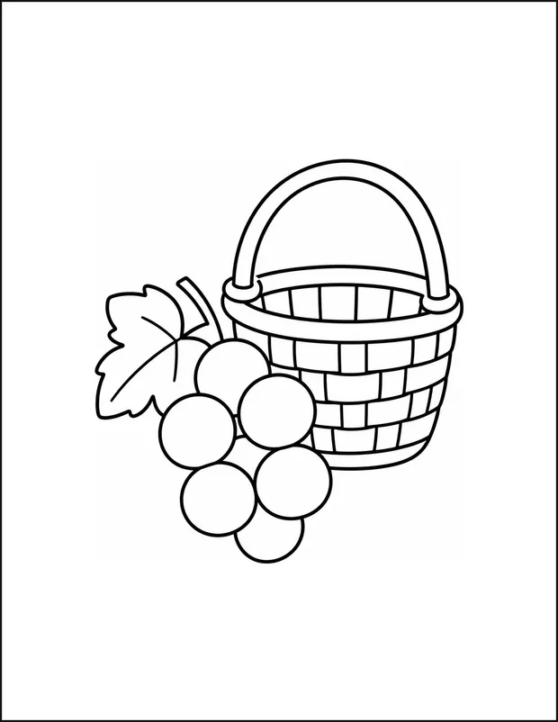 Six round grapes spilling from a small basket beside a leaf.