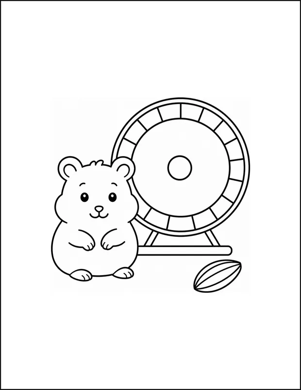 A hamster beside one large round wheel and a single seed.