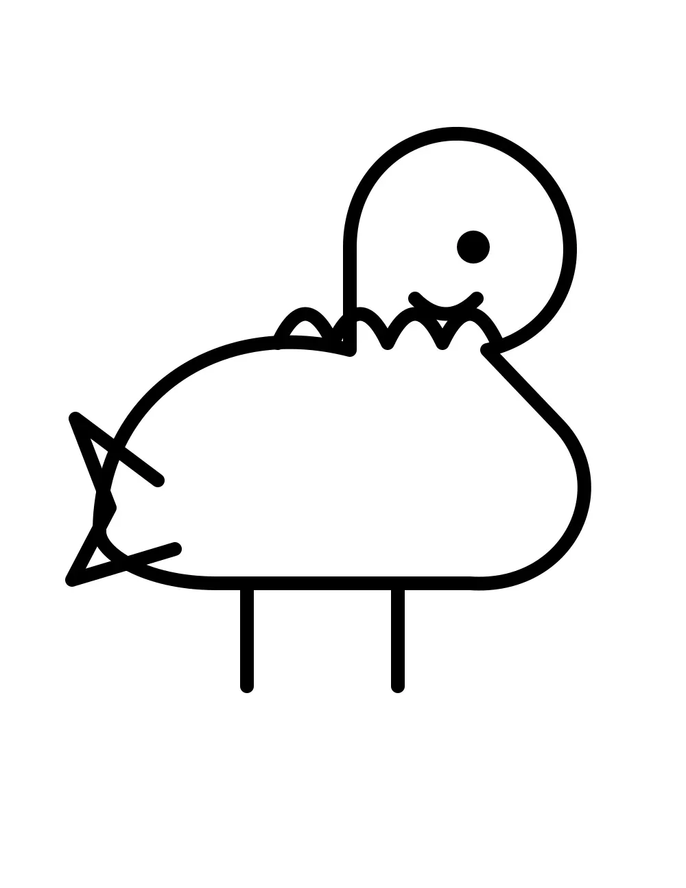 An original smiling round dinosaur with four bumps along its back.