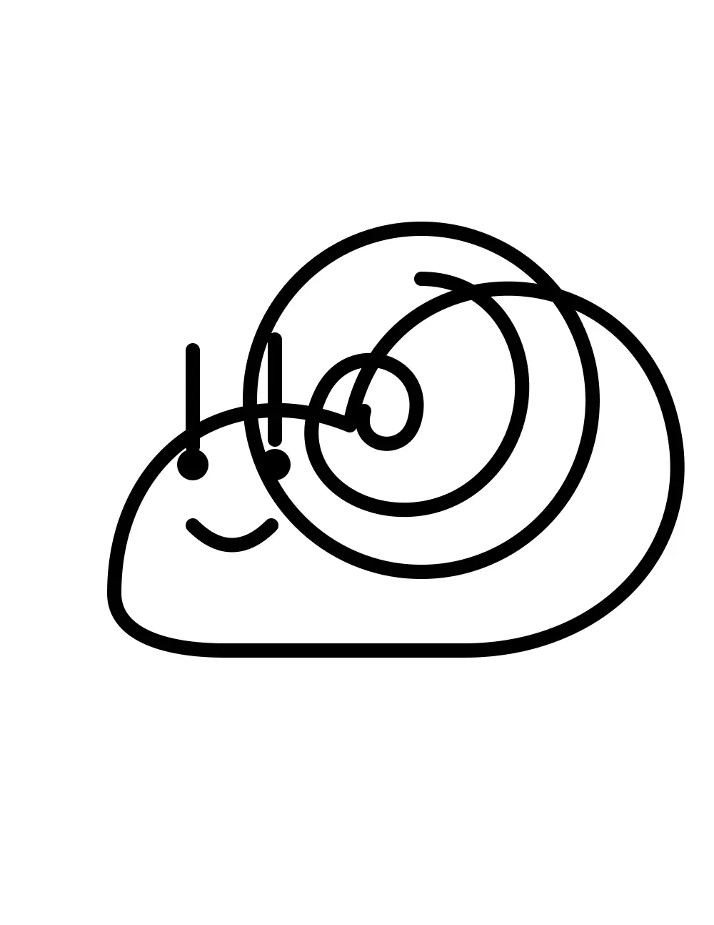 A smiling snail with a huge spiral shell in clean black outline.