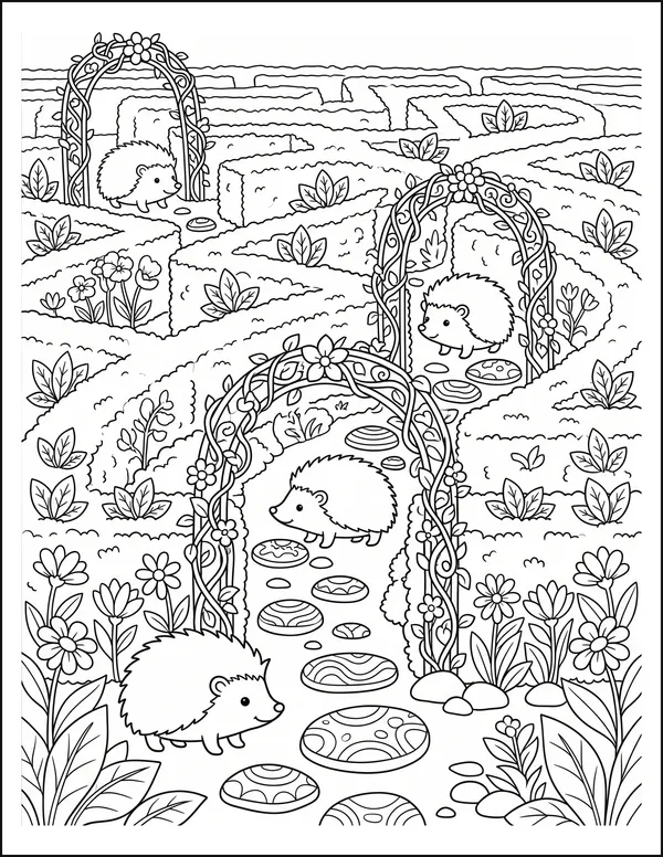 Hedgehogs walking through a hedge maze with flowered arches.