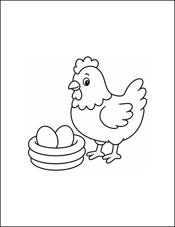 A hen sitting above a nest with three wide loops and two eggs.