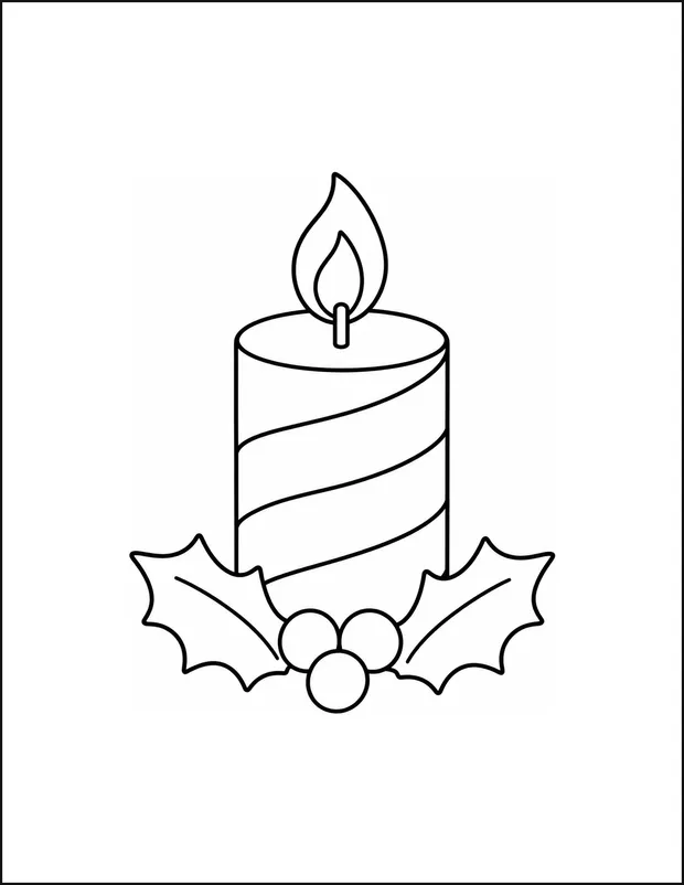 A holiday candle with three stripes beside two holly leaves.