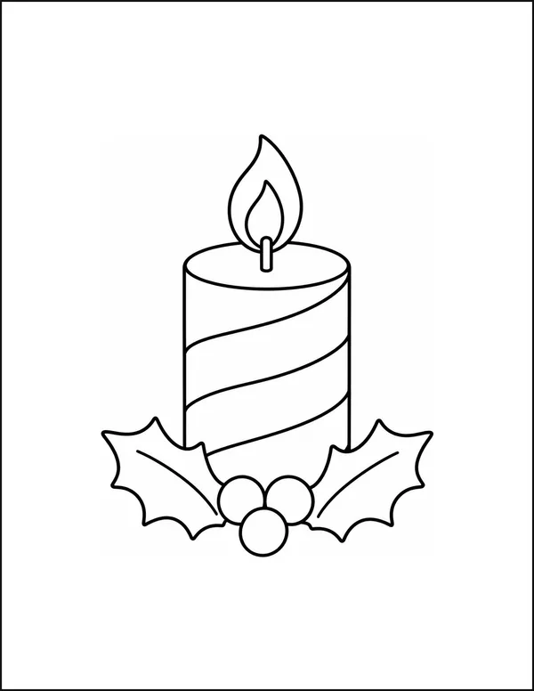 A holiday candle with three stripes beside two holly leaves.