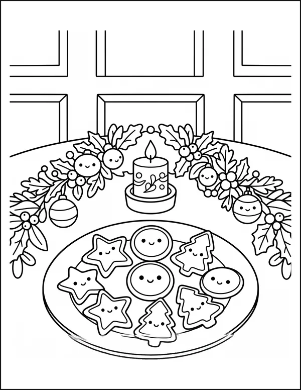 A holiday table laid with nine cookies, a candle and a garland.