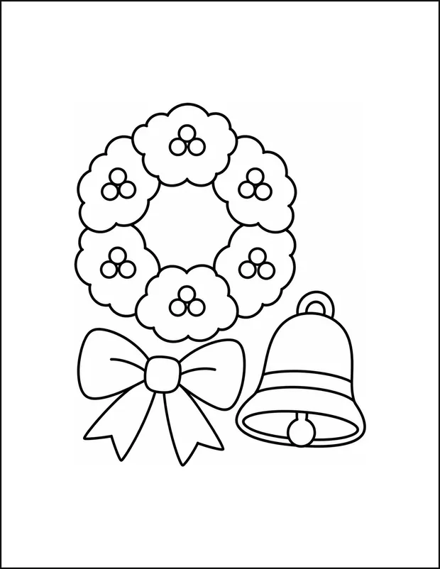 A holiday wreath of six leaf clumps with a bow and a bell.