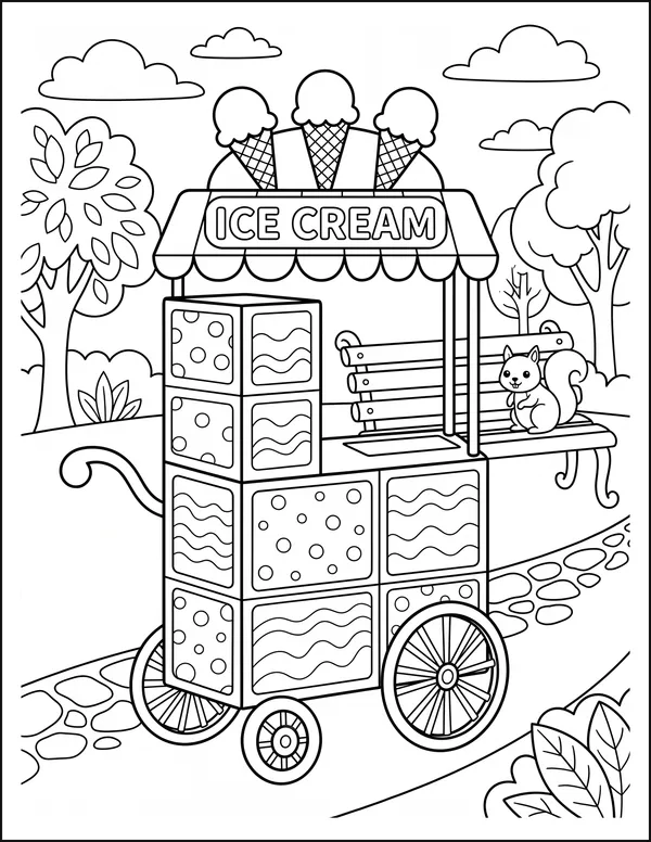 An ice cream cart with a striped awning standing in a park.
