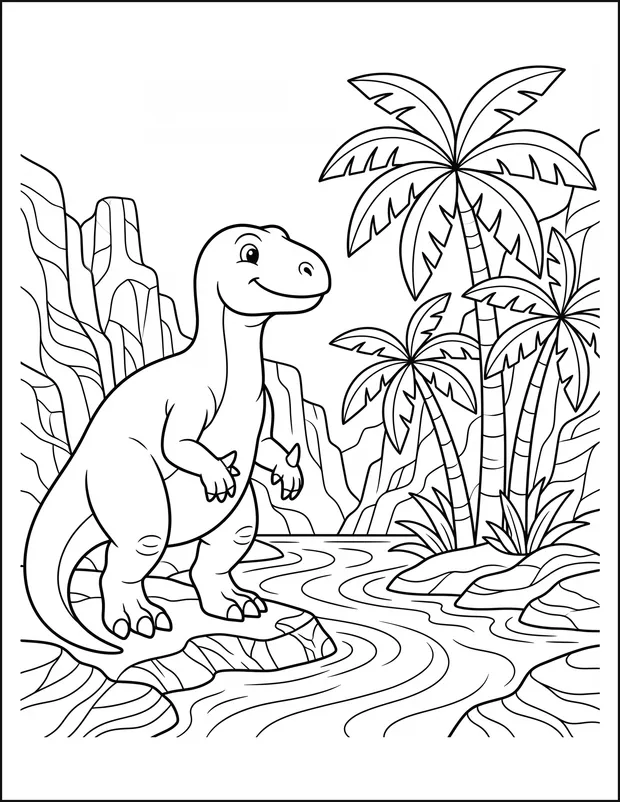 An iguanodon drinking at an oasis between tall canyon walls.