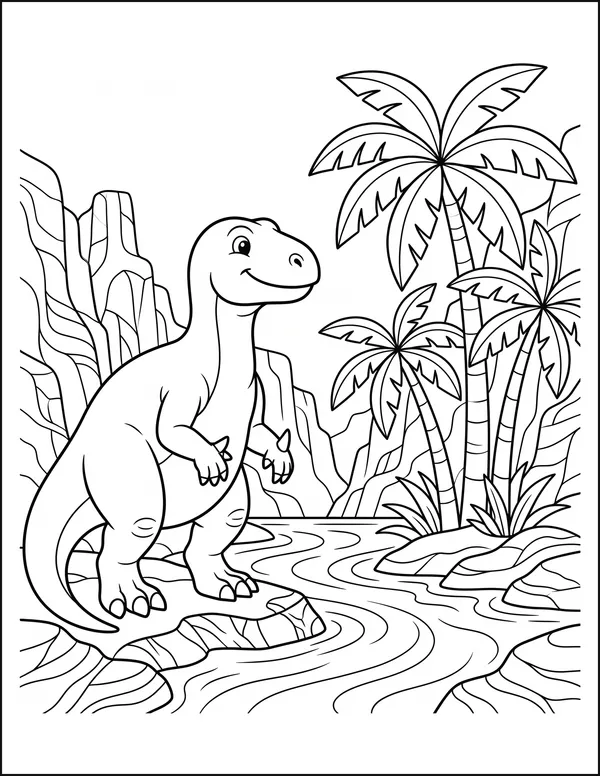 An iguanodon drinking at an oasis between tall canyon walls.