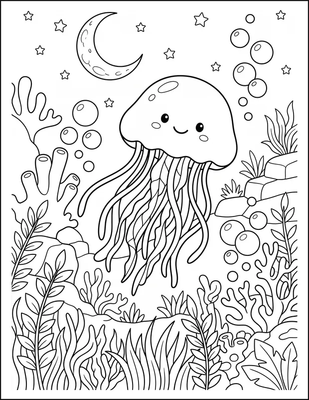 Jellyfish floating in dark water under a round moon.