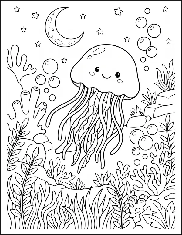 Jellyfish floating in dark water under a round moon.