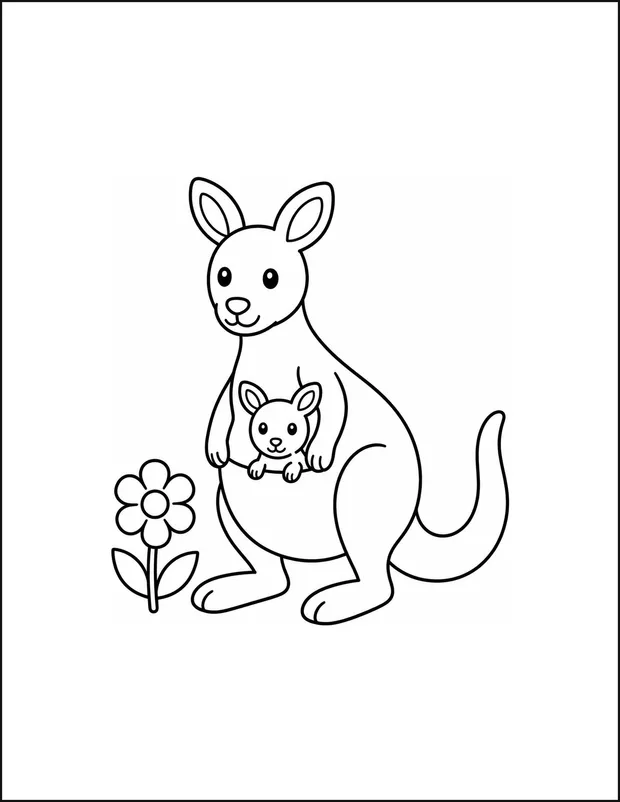 A kangaroo standing with a joey in its large pouch beside a flower.