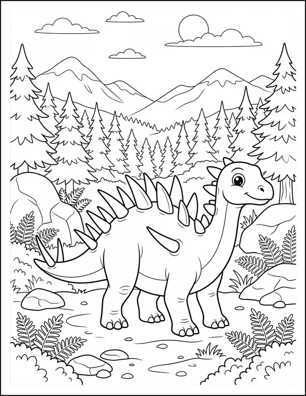 A spiky kentrosaurus walking through a valley of pine trees.
