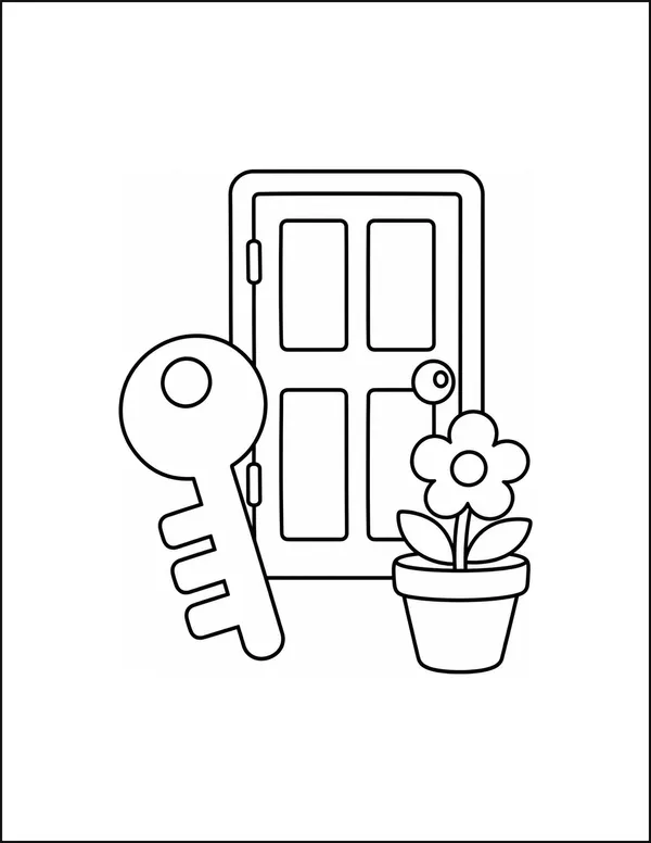A large key beside a panelled door and a small flower pot.