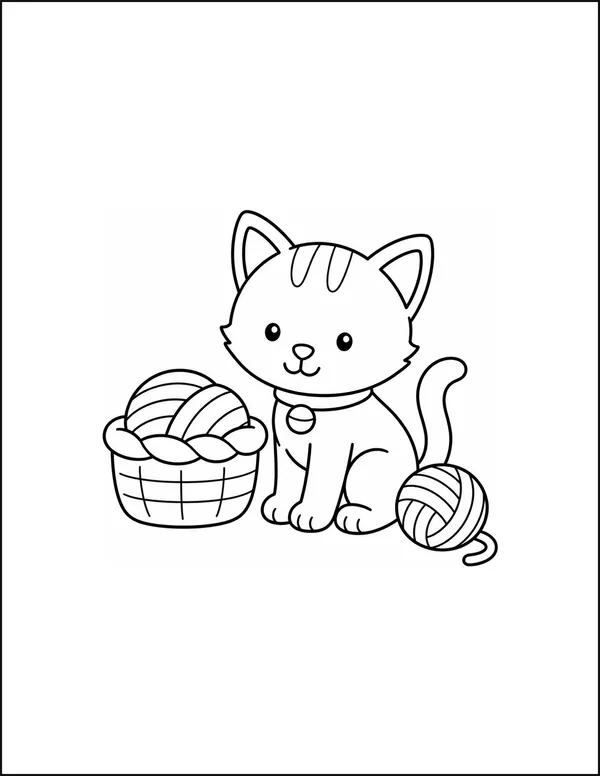 A kitten beside a basket of yarn with three wide loops.