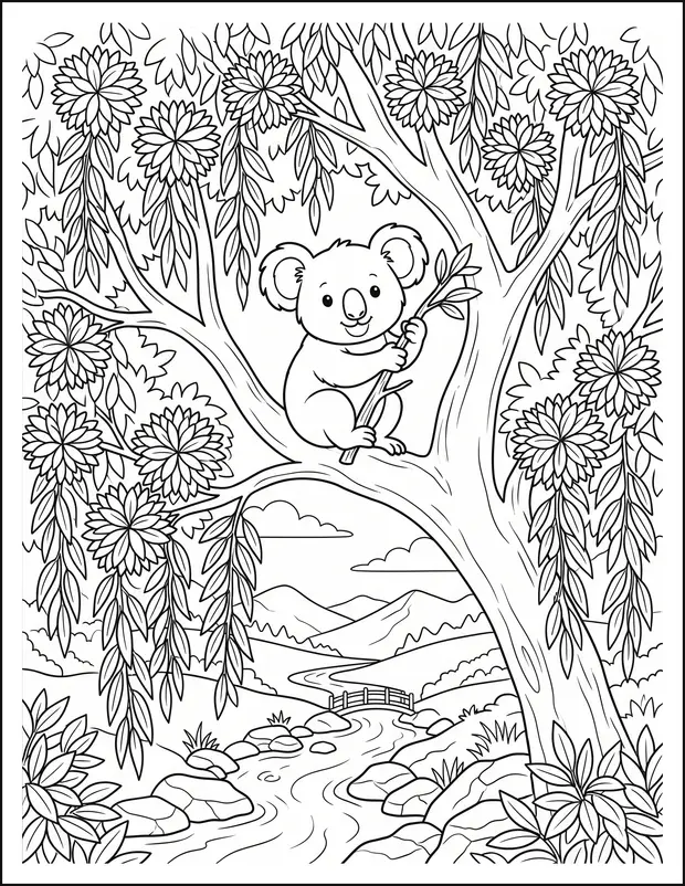 A koala in a tree canopy above a stream winding below.