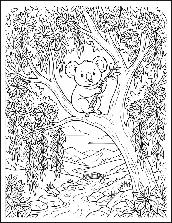 A koala in a tree canopy above a stream winding below.